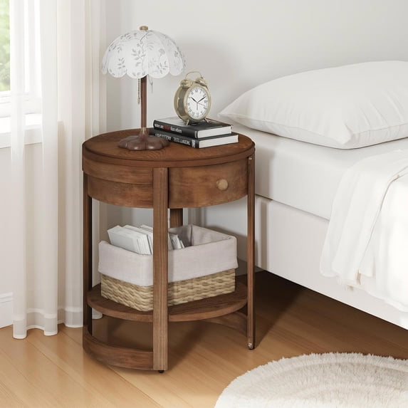 Topcobe 2-Tier Round End Table Mid Century Modern Nightstand, End Table for Living Room, Bedroom with Drawer and Shelf