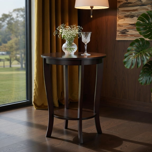 Topcobe 2-Tier Round End Table with Solid Wood Legs, End Tables Bedroom, Small Side Table for Living Room, Brown