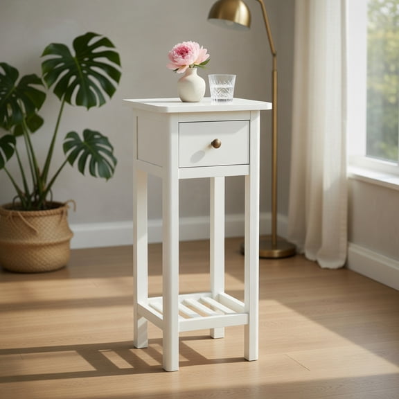 Topcobe 2 Tier Slim Nightstand Bedside Table with Drawer Shelf, Small End Table Sofa Table for Living Room Bedroom, White
