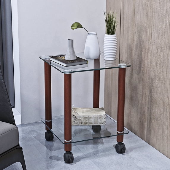 Topcobe 2-Tier Square Glass Side Table, Modern Rolling End Table with Storage Shelve for Living Room, Transparent
