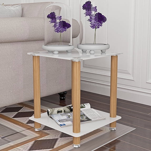 Topcobe 2-Tier Square Glass Side Table, Modern Rolling End Table with Storage Shelve for Living Room, White + Oak
