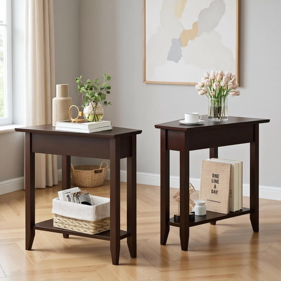Topcobe 2-Tier Wedge Narrow End Table with Storage Shelf and Solid Wood Legs, End Tables Bedroom, Small Side Table for Living Room, Brown