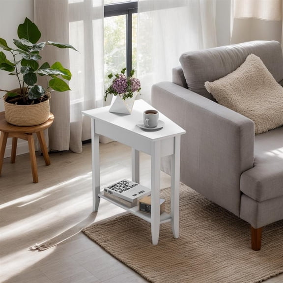 Topcobe 2-Tier Wedge Narrow End Table with Storage Shelf and Solid Wood Legs, End Tables Bedroom, Small Side Table for Living Room, White