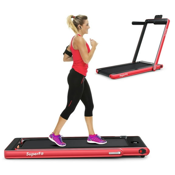 Topcobe 2-in-1 Electric Motorized Health and Fitness Folding Treadmill with Dual Display and Speaker, Under Desk Walking Pad Treadmill, Walking Pad with Handle Bar, Red