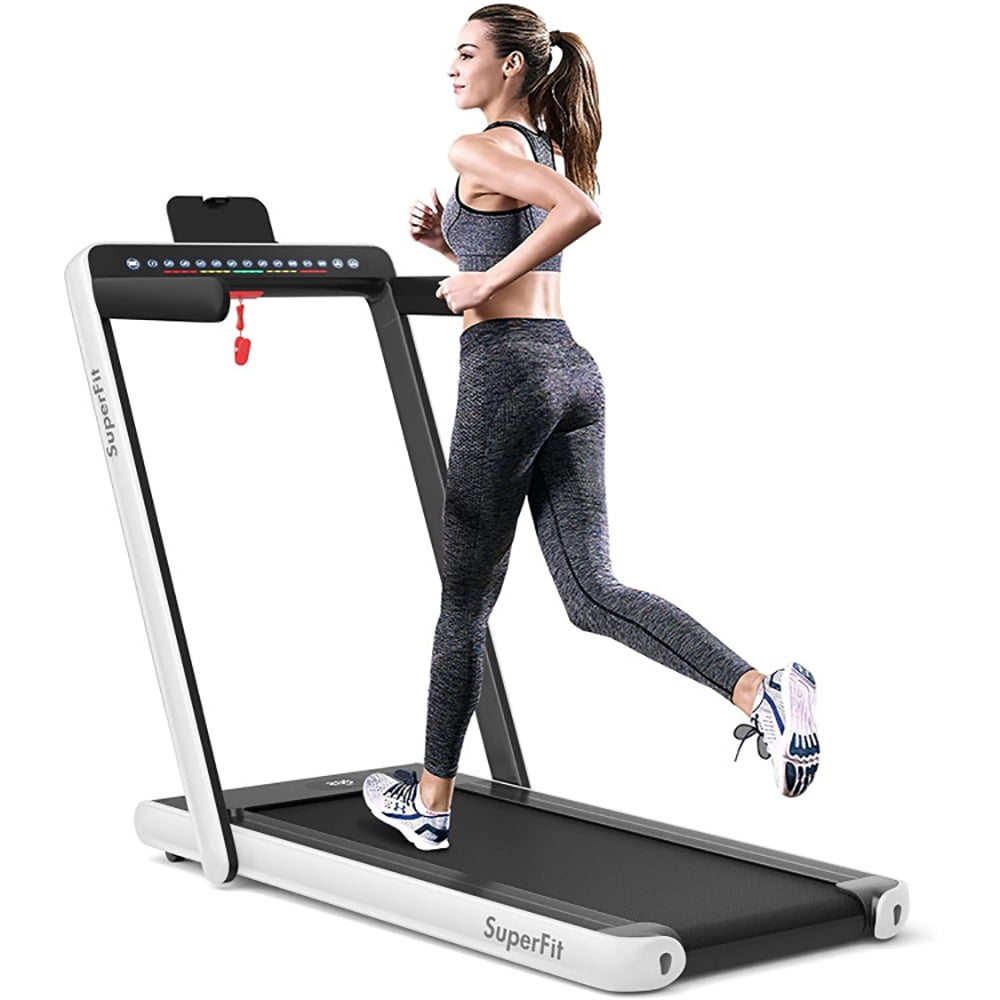 Topcobe 2-in-1 Electric Motorized Health and Fitness Folding Treadmill with Dual Display and Speaker, Under Desk Walking Pad Treadmill, Walking Pad with Handle Bar, White