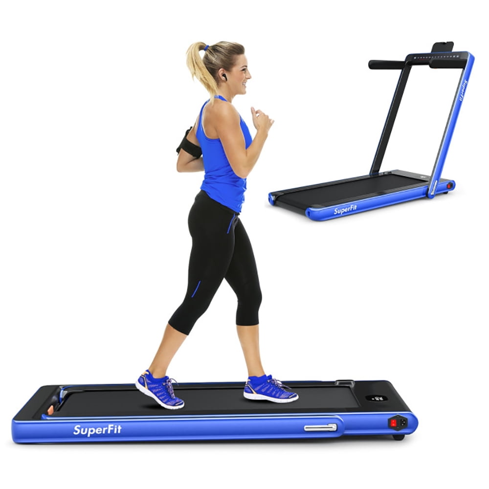 Topcobe 2-in-1 Electric Motorized Health and Fitness Folding Treadmill with Dual Display, Under Desk Walking Pad Treadmill, Walking Pad with Handle Bar, Blue