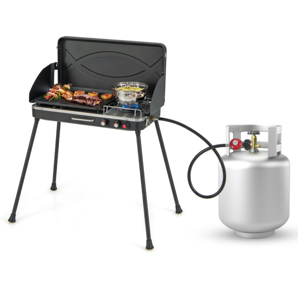 Topcobe 2-in-1 Gas Camping Grill and Stove with Detachable Legs, Cooking Space for Backyard, Patio and Parties-Black