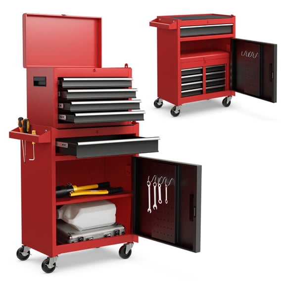 Topcobe 2-in-1 Tool Chest and Cabinet with 5 Sliding Drawers, Tool Chest Workbench, Garage Workshop Tool Organizer, Black & Red