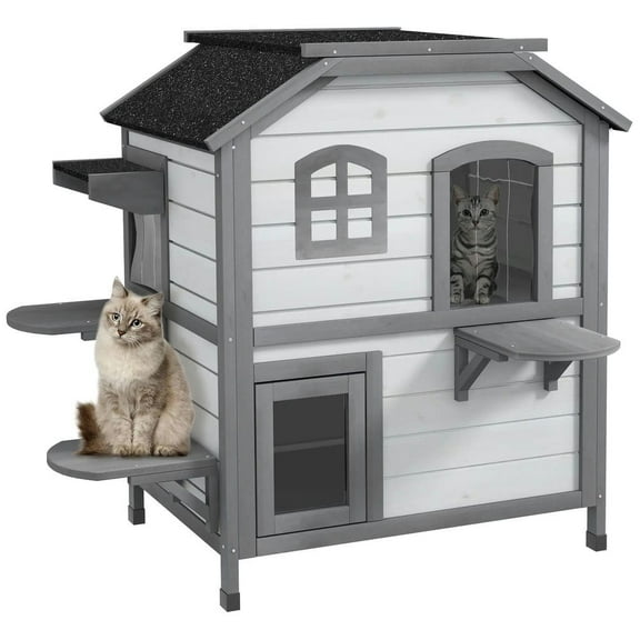 Topcobe 2-story Cat House Outdoor, Weatherproof Wooden Cat Enclosure for Feral Cats with Escape Door, Openable Roof, Jumping Platforms, Outdoor Wooden Feral Cat Shelter, Natural