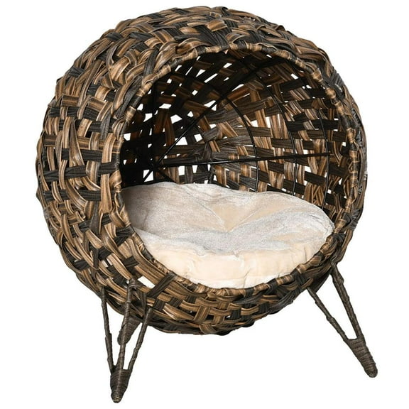 Topcobe 20.5" Weaved Cat Bed, Elevated Hand-woven Braided Banana Leaf Kitten House Condo with Cushion, Cat Beds & Furniture, Brown
