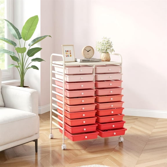 Topcobe 20 Drawers Rolling Storage Cart Studio Organizer, Rolling Carts with Wheels for Kitchen, Living Room, Pink
