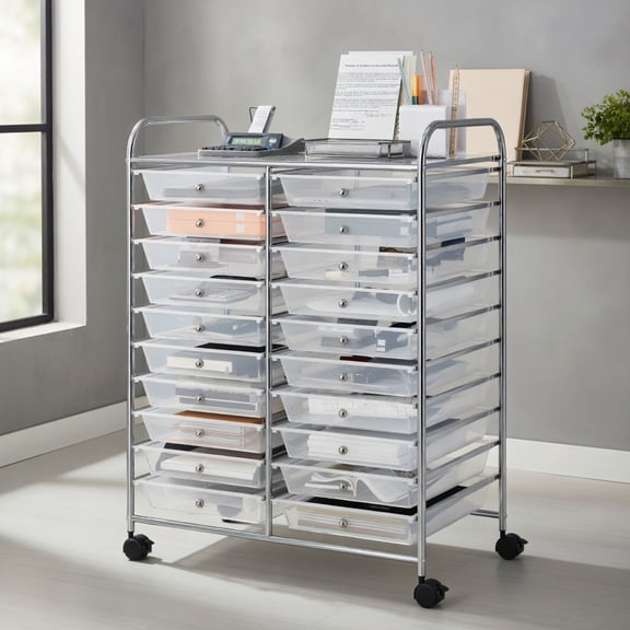 Topcobe 20 Drawers Storage Rolling Cart Studio Organizer, Rolling Carts with Wheels for Kitchen, Living Room, Transparent