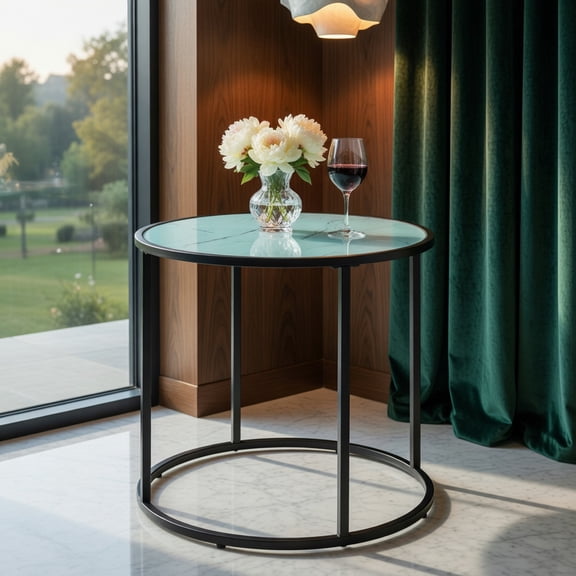 Topcobe 20" Glass End Table with Metal Frame and Faux Marble Glass Top, Living Room Furniture Table, Sofa Table, Fashion Design, Black