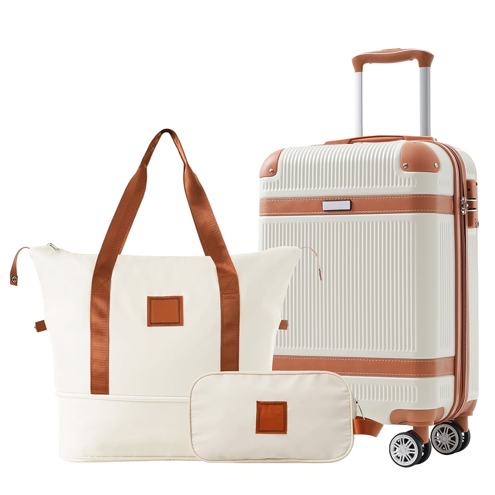 Topcobe 20" Hardshell Luggage Sets 3 Piece Carry on Suitcase Double Spinner Wheels with TSA Lock, Weekender Duffel Bag, Toiletry Bag, Travelers Club, White Topcobe 20" Hardshell Luggage Sets 3 Piece Carry on Suitcase Double Spinner Wheels with TSA Lock, Weekender Duffel Bag, Toiletry Bag, Travelers Club, White