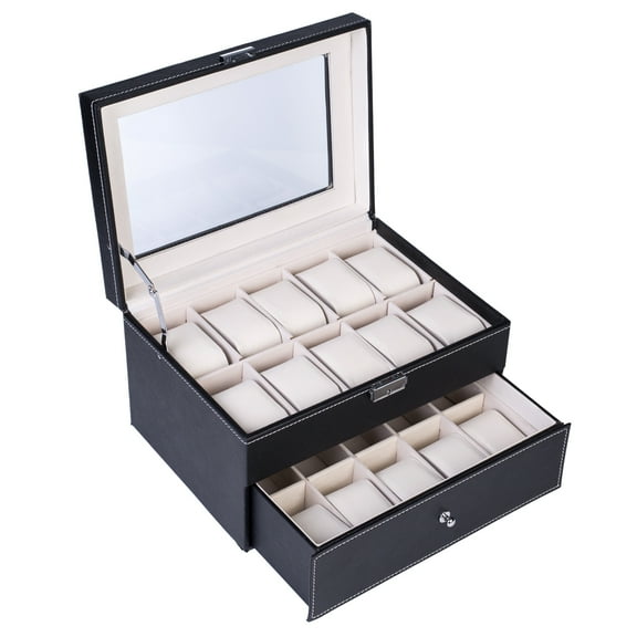 Topcobe 20 Slots Watch Box, High-grade Leather Watch Collection Storage Box - Black