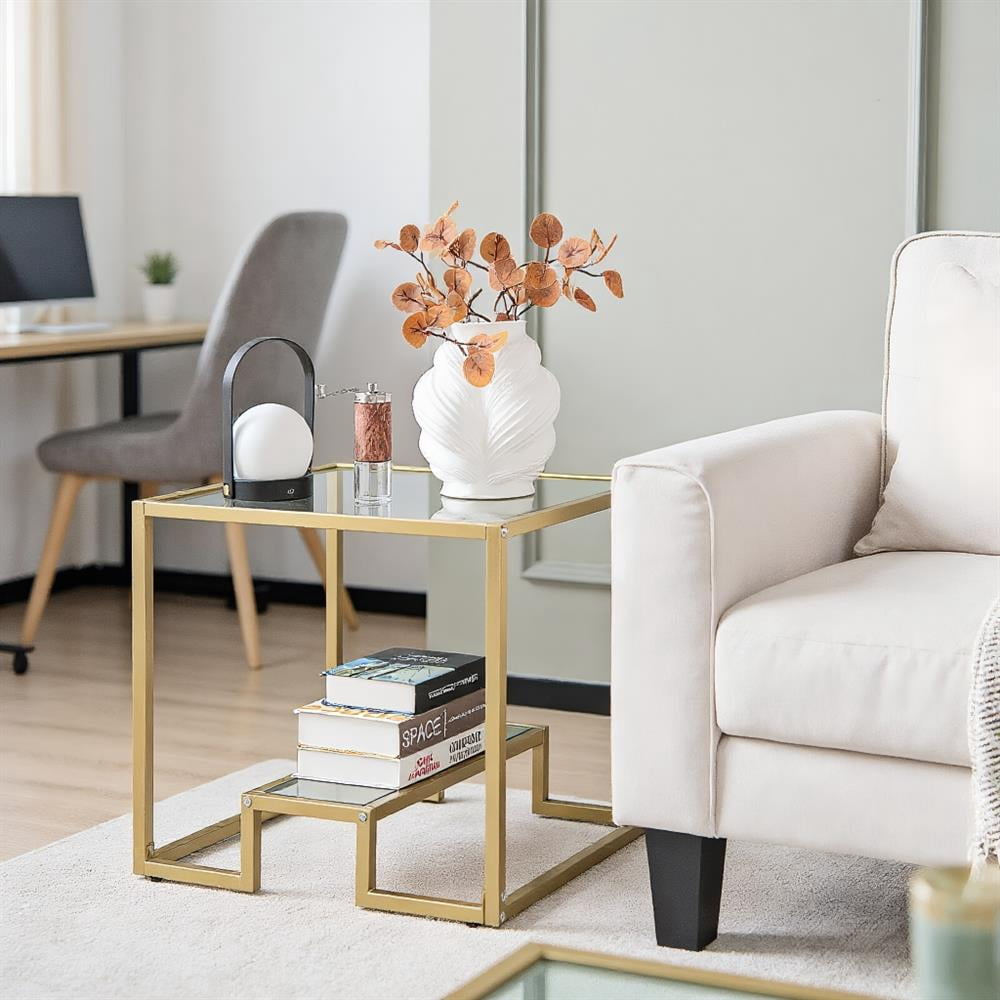 Topcobe 22" 2-Tier Square Sofa Side Table with Tempered Glass Tabletop ...
