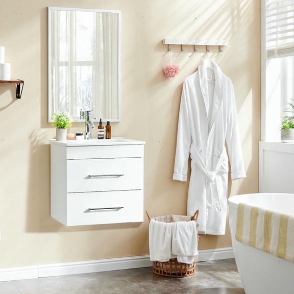 Topcobe 24-Inch White Gloss Wall-Mounted Bathroom Vanity with Double Drawers, Soft-Close System, Ceramic Sink, and Aluminium Frame, Bathroom Sink Vanity, Modern Furniture for Bathroom