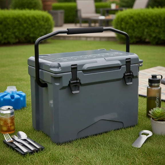 Topcobe 25 QT Hard Cooler with Aluminum Handle and Integrated Cup Holders, Travel Cooler, Gray