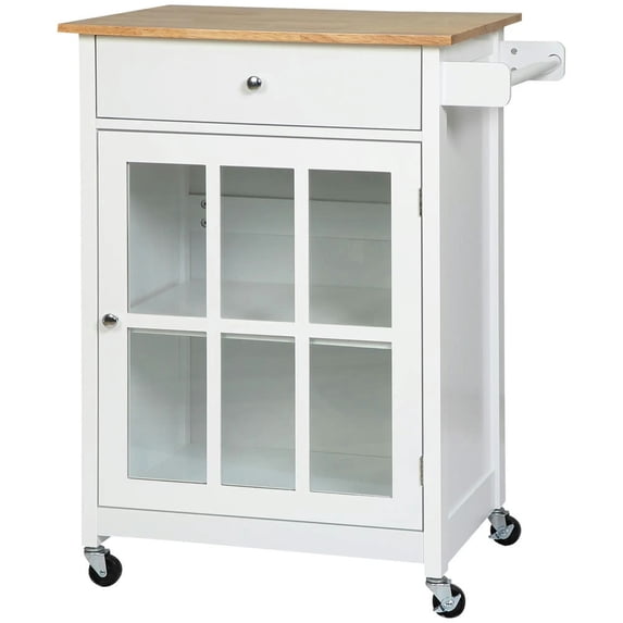 Topcobe 27" Rolling Kitchen Island Cart with Drawer and Glass Door Cabinet, Kitchen Trolley with Adjustable Shelf and Towel Rack, Modern Furniture, Kitchen Island Carts for Indoor, White