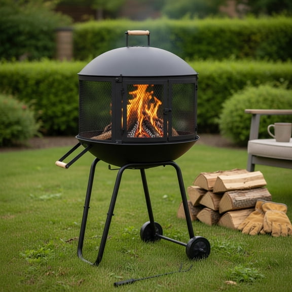 Topcobe 28" Portable Fire Pit on Wheels with Log Grate for Camping Backyard Deck Picnic Porch, Backyard Furniture, Black