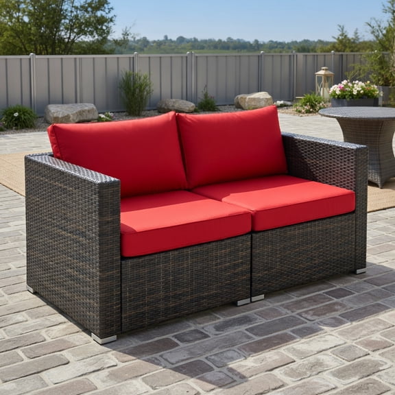 Topcobe 2PCS Patio Rattan Sectional Conversation Sofa Set, Outdoor Deck Furniture, Red