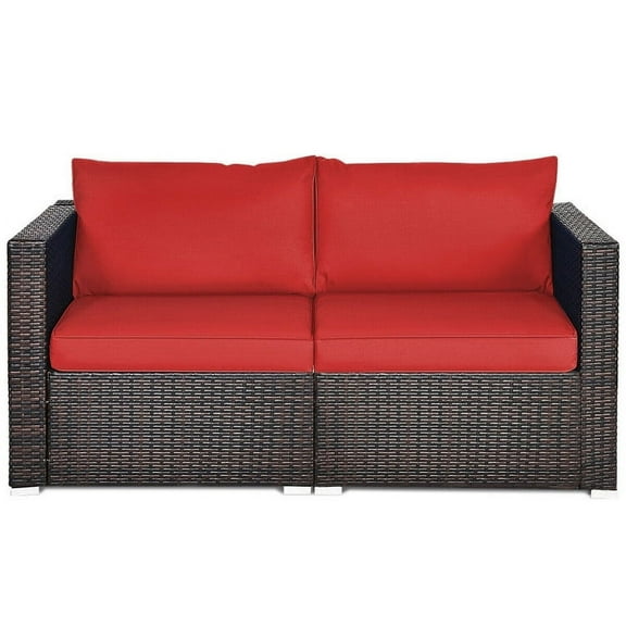 Topcobe 2PCS Patio Rattan Sectional Conversation Sofa Set, Outdoor Deck Furniture, Red