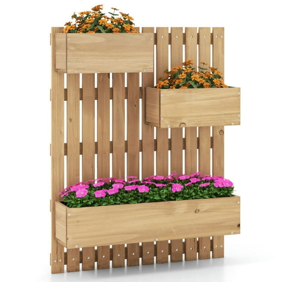 Topcobe 3-Box Wooden Raised Garden Bed with Trellises and Fabric Liners, Planter Box for Indoor Outdoor Herbs Flowers Vegetables Plants, Natural