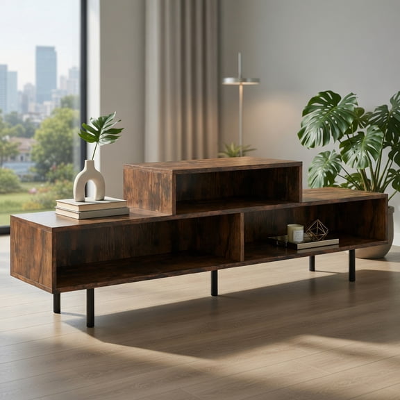 Topcobe 3 Cubby TV Stand for TVs up to 70 Inch with Open Storage Compartments, Entertainment Center with Storage-Rustic Brown
