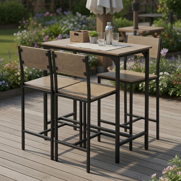 Topcobe 3 Piece Bar Table Set with Backrest and Footrest for Small Space, Modern Patio Furniture for Outdoor, Backyard, Garden, Deck-Gray
