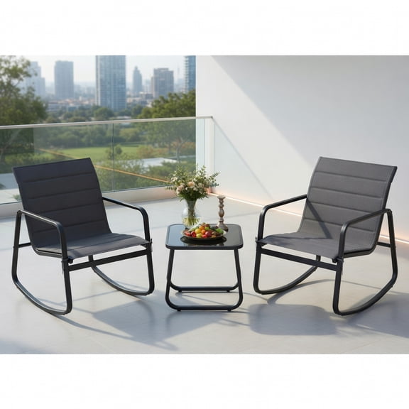 Topcobe 3 Piece Outdoor Rocking Bistro Set Porch Rocker Chairs with Tempered Glass Table, Outdoor Patio Furniture Set, Easy to Assemble-Gray
