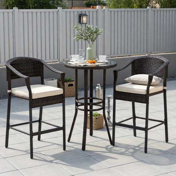 Topcobe 3-Piece Patio Rattan Bar Set with Tempered Glass Top for Backyard Poolside, Outdoor Patio Furniture for Porch Balcony Garden Backyard-Brown