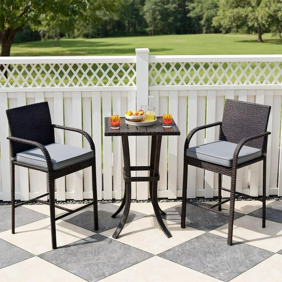 Topcobe 3-Piece Patio Wicker Rattan Bar Height Chairs and Square Table Set, Outdoor Patio Furniture for Porch Balcony Garden Backyard-Black