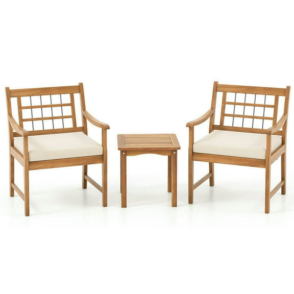 Topcobe 3 Piece Wood Patio Furniture Set with Seat Cushions and Acacia Wood Frame, Outdoor Patio Furniture-White