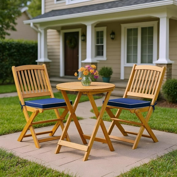 Topcobe 3 Pieces Acacia Wood Patio Folding Bistro Set with Soft Cushions, Outdoor Patio Furniture for Garden Backyard Pool Deck-Navy