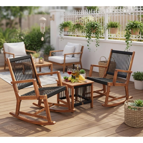 Topcobe 3 Pieces Acacia Wood Rocking Bistro Set, Patio Table and Chairs Set, Outdoor Patio Set