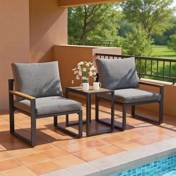 Topcobe 3 Pieces Aluminum Frame Weatherproof Outdoor Conversation Set with Soft Cushions, Outdoor Patio Furniture for Garden Backyard Pool Deck-Gray