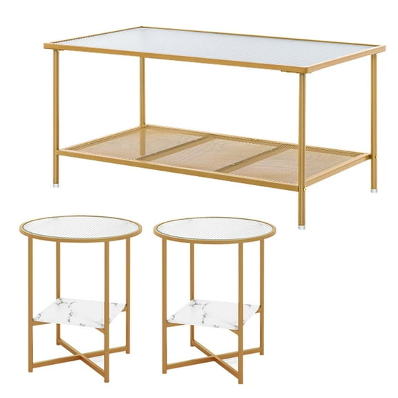 Topcobe 3 Pieces Coffee Tables Set, 2-Tier Coffee Table with Shelf Center Tea Table, 2-Tier Glass End Table Set of 2, Contemporary Furniture for Living Room, Bedroom, Office
