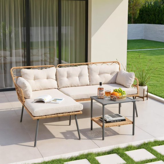 Topcobe 3 Pieces Corner Patio Furniture with Small Coffee Table, Outdoor Patio Furniture for Garden Backyard Pool Deck-Beige