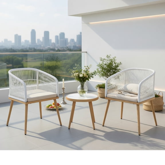 Topcobe 3 Pieces Outdoor Bistro PE Wicker Conversation Furniture Set, Outdoor Patio Furniture for Garden Backyard Pool Deck-White