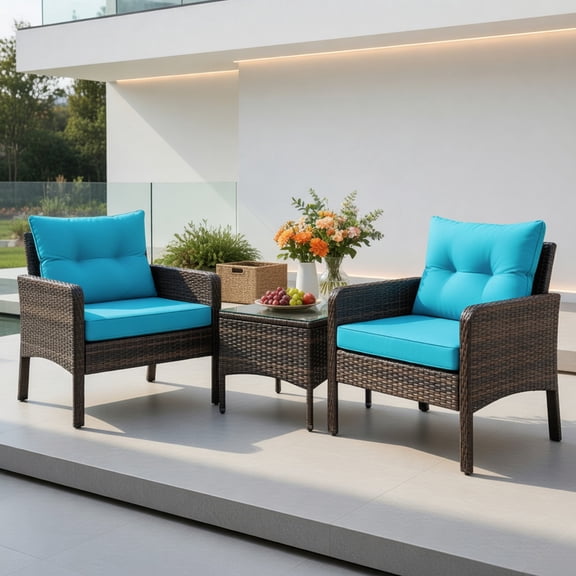 Topcobe 3 Pieces Outdoor Rattan Wicker Loveseat Furniture Set with Cushions, Small Patio Set, Turquoise