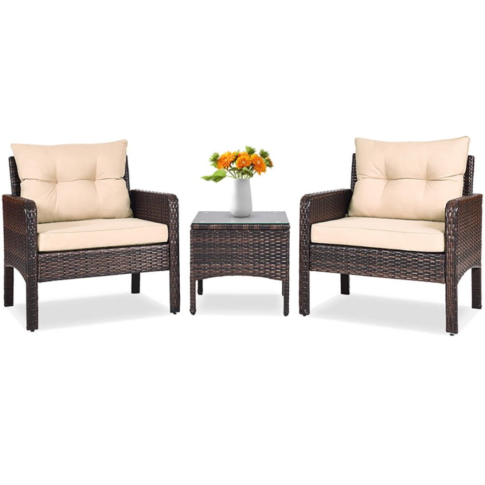 Topcobe 3 Pieces Patio Furniture Set, Outdoor Wicker Patio Conversation Furniture Set with Cushions and Wooden Tabletop for Paito Lawn Backyard, Beige Cushion Topcobe 3 Pieces Patio Furniture Set, Outdoor Wicker Patio Conversation Furniture Set with Cushions and Wooden Tabletop for Paito Lawn Backyard, Beige Cushion