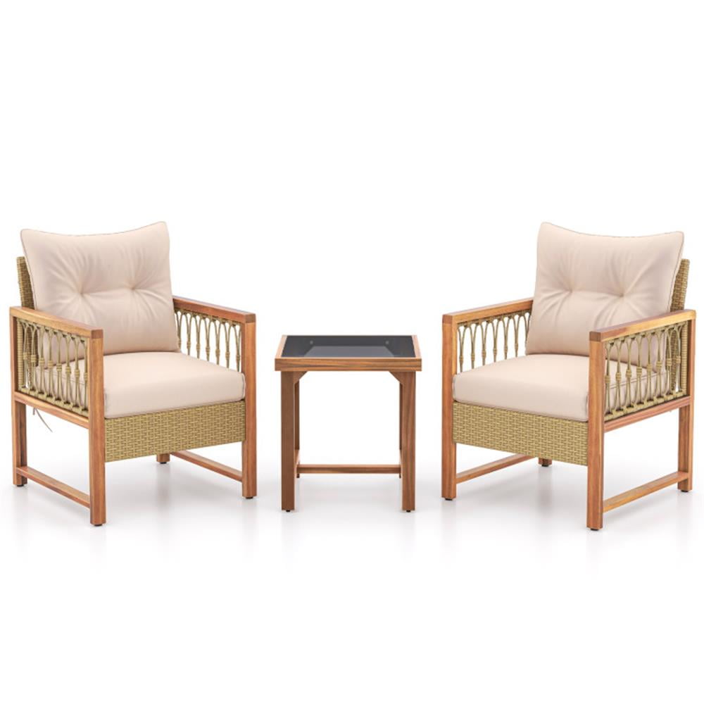 Light Brown Acacia Wood Patio Set with Beige Cushions