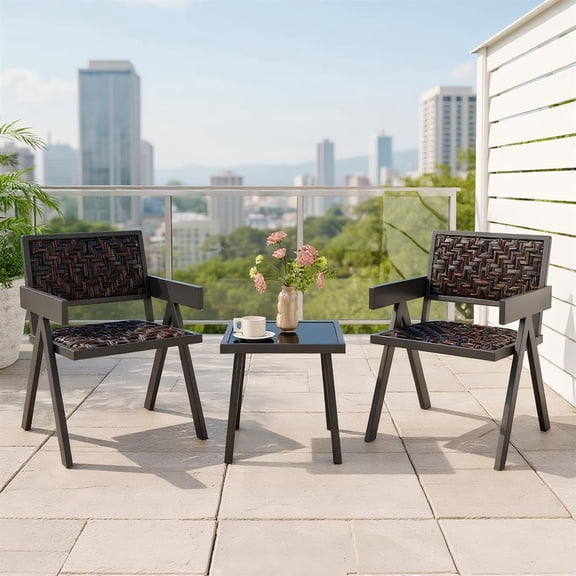 Topcobe 3 Pieces Patio PE Wicker Bistro Set with Quick-Drying Foam, Modern Patio Furniture for Outdoor, Backyard, Garden, Deck-Black