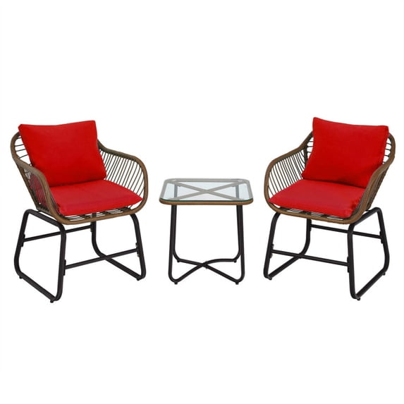 Topcobe 3 Pieces Patio Rattan Bistro Set Cushioned Chair Glass Table Deck, Outdoor Patio Furniture, Red