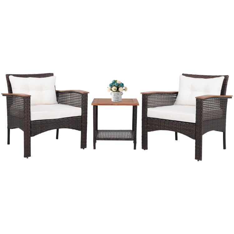 Outdoor 3-Piece Brown Rattan Furniture Set with Acacia Wood Tabletop