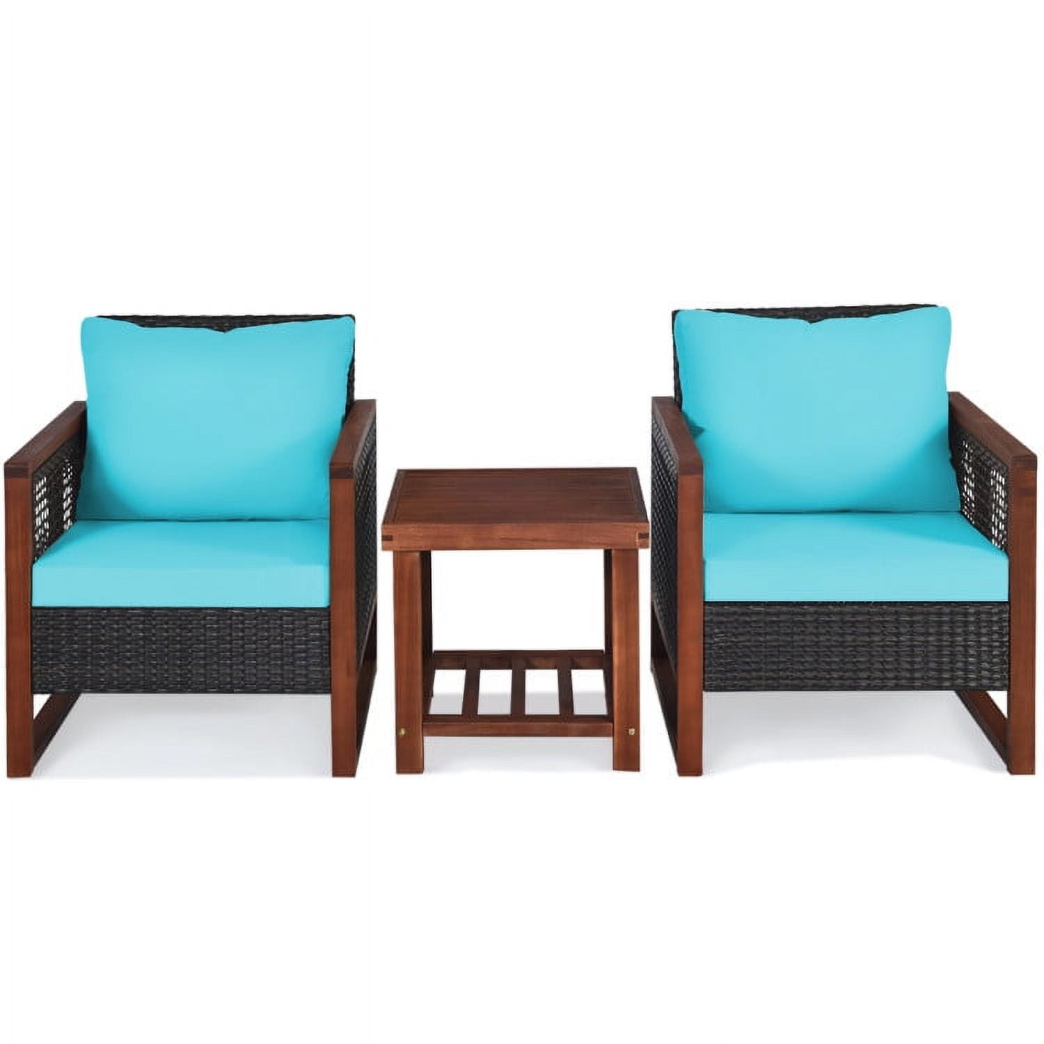 Turquoise Cushioned Armchair Set with Wooden Frame and Table