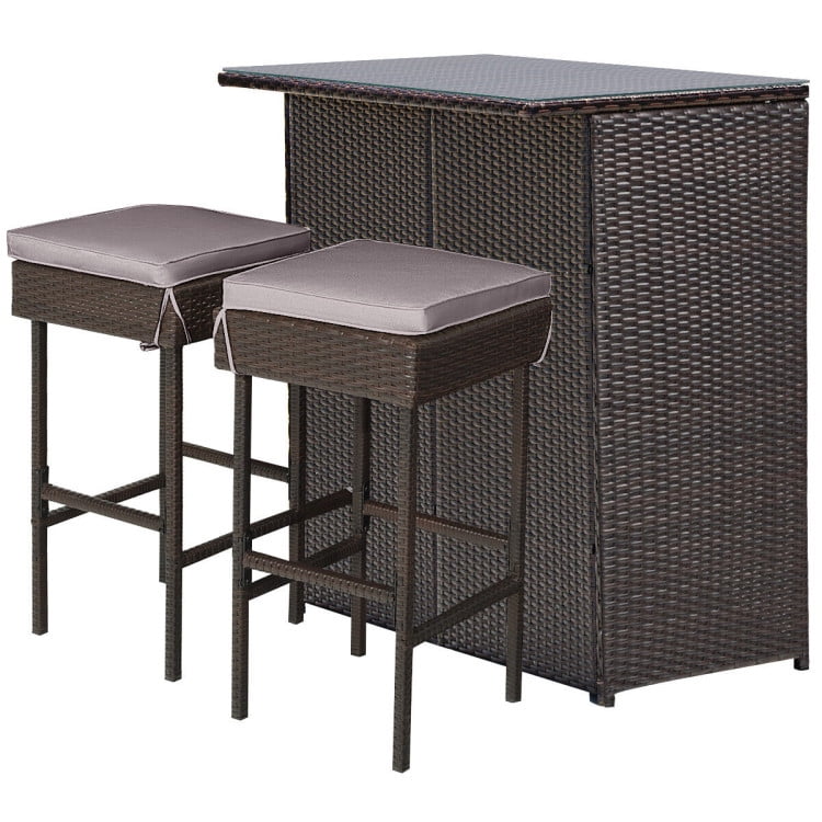Topcobe 3 Pieces Patio Rattan Wicker Bar Table Stools Dining Set, Outdoor Patio Furniture
