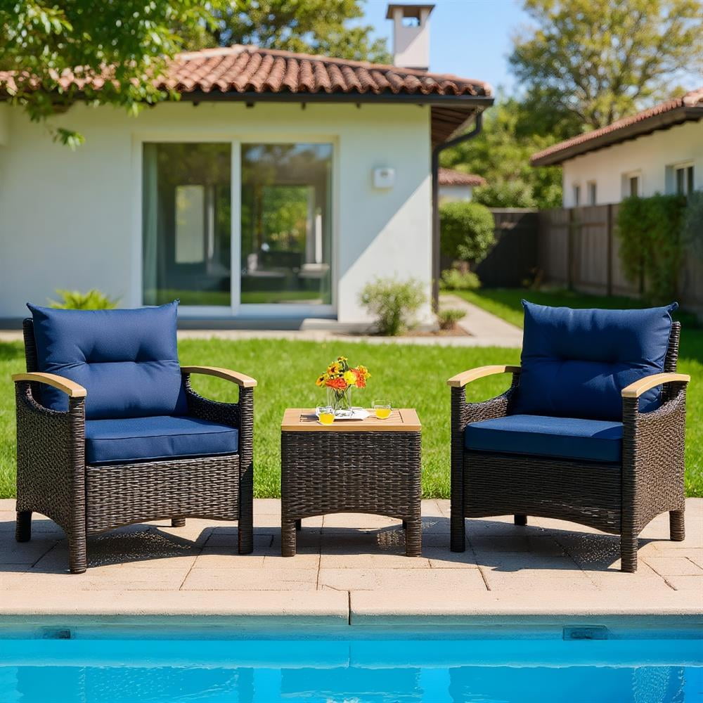 Topcobe 3 Pieces Patio Wicker Conversation Set, Outdoor Sectional Set with with Removable Cushion, Navy Topcobe 3 Pieces Patio Wicker Conversation Set, Outdoor Sectional Set with with Removable Cushion, Navy