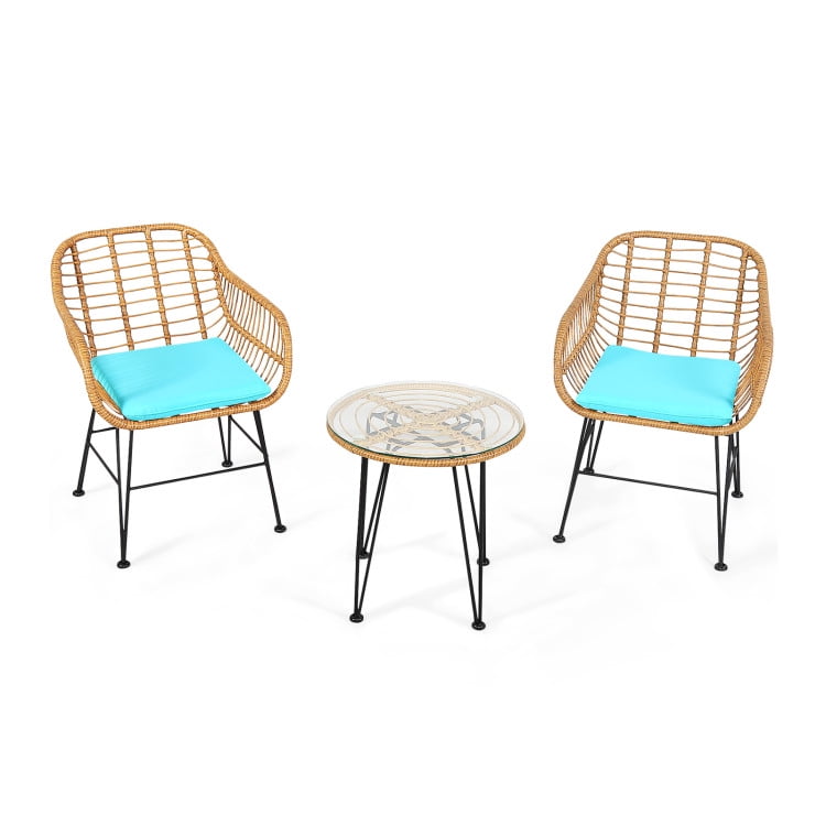 Turquoise Cushioned Rattan Armchair Set with Glass Table