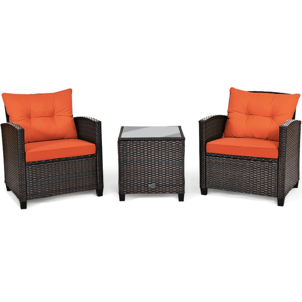Topcobe 3 Pieces Rattan Patio Furniture Set with Washable Cushion, Outdoor Patio Furniture-Orange